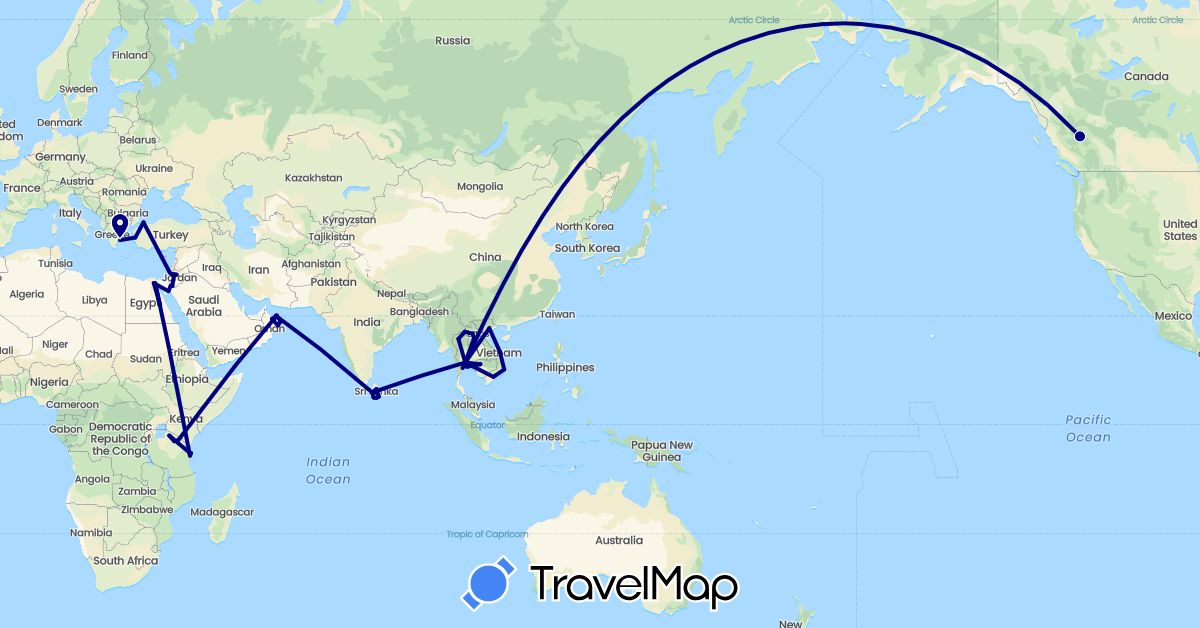 TravelMap itinerary: driving, train in Canada, Egypt, Greece, Israel, Jordan, Cambodia, Laos, Sri Lanka, Oman, Thailand, Turkey, Tanzania, Vietnam (Africa, Asia, Europe, North America)